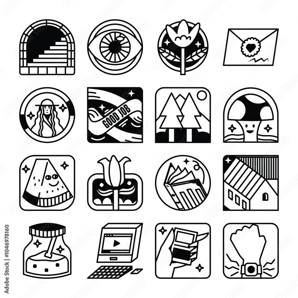 Good things icon set, black and white Good things icon set, black and white