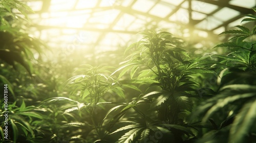 Cannabis plant with lush green leaves, growing in a well-lit greenhouse, offering plenty of room for text or design related to healthcare or medicinal farming photo