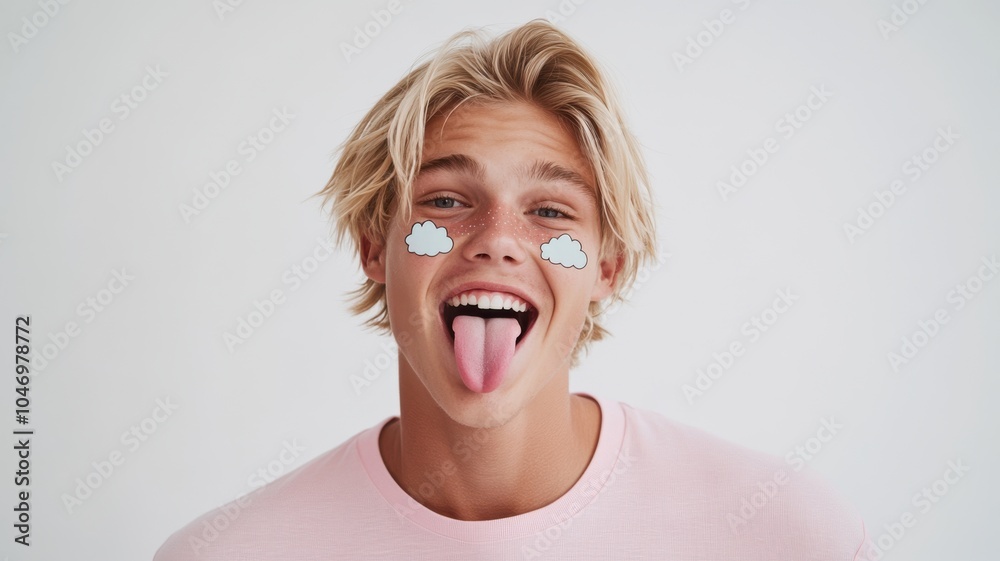 Cheerful young man with blonde hair, freckles, cloud stickers on face, pastel pink t-shirt, playful tongue-out gesture. Christmas
