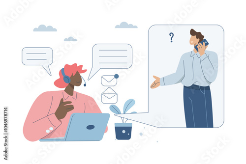 Customer Support and Services, Consultant or suggestions, Hotline, Customers ask for advice, Female staff using headphones to answer phone calls and provide online customer consultation via laptop.