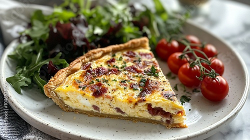 A Savory Quiche. A slice of quiche Lorraine, filled with eggs, cream, bacon, and cheese