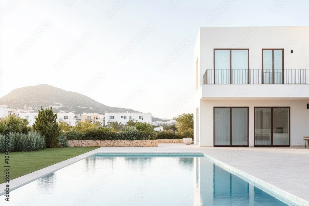 Fototapeta premium Modern villa with pool and mountain view in a serene Mediterranean setting during daylight