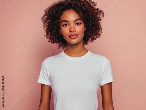 a female model showcases a white t-shirt mock-up, standing confidently against a plain background, emphasizing simplicity and fashion versatility photo