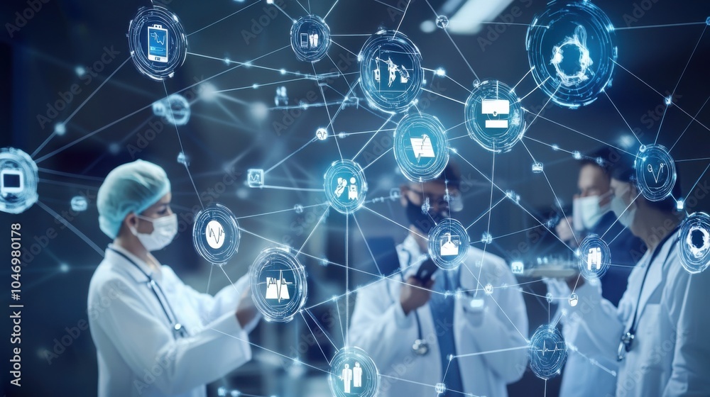 Global medical communication visual with doctors connected by digital icons, symbolizing worldwide healthcare efforts, suitable for a tech-oriented stock photo Global medical communication visual with doctors connected by digital icons, symbolizing worldwide healthcare efforts, suitable for a tech-oriented stock photo