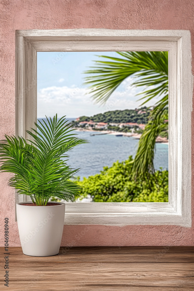 A coastal view from a window with a potted palm overlooking a serene landscape in summer A coastal view from a window with a potted palm overlooking a serene landscape in summer