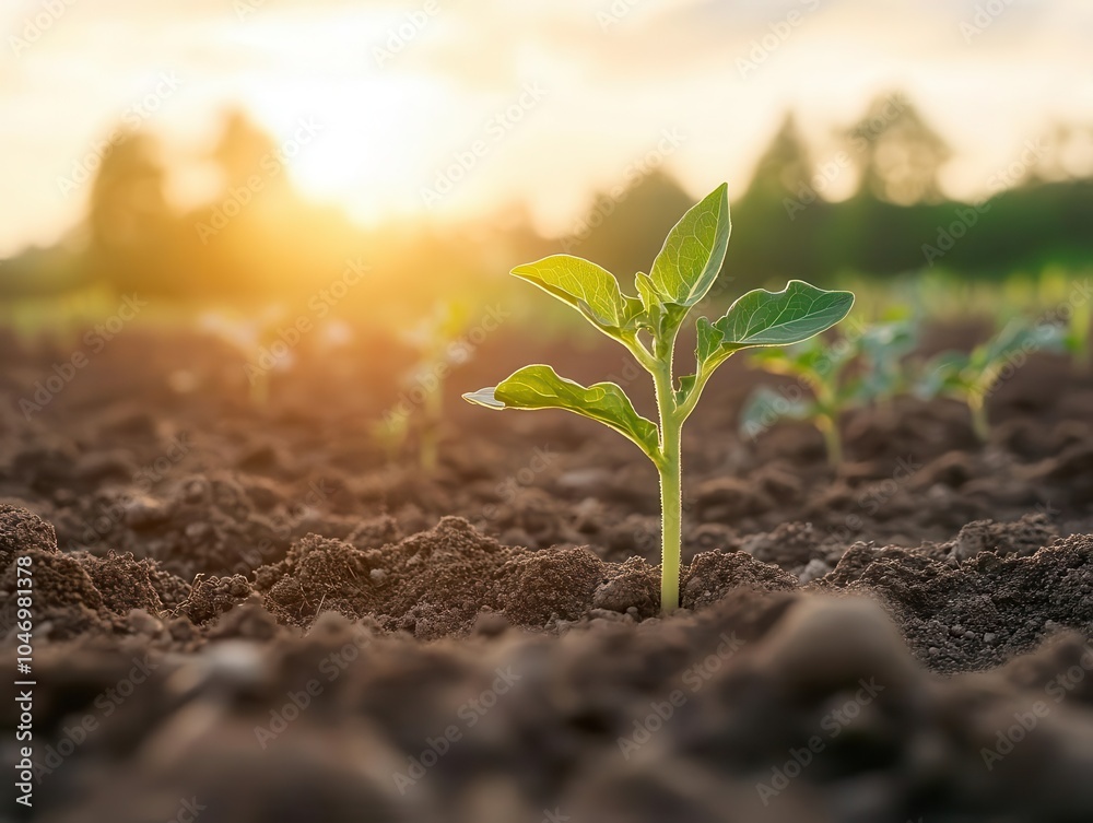 a solitary young plant emerging from rich soil, reaching toward the morning sunlight, symbolizing growth and the beauty of nature's resilience a solitary young plant emerging from rich soil, reaching toward the morning sunlight, symbolizing growth and the beauty of nature's resilience