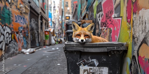 A red fox rests on a garbage can in a narrow alley with graffiti-covered walls. photo