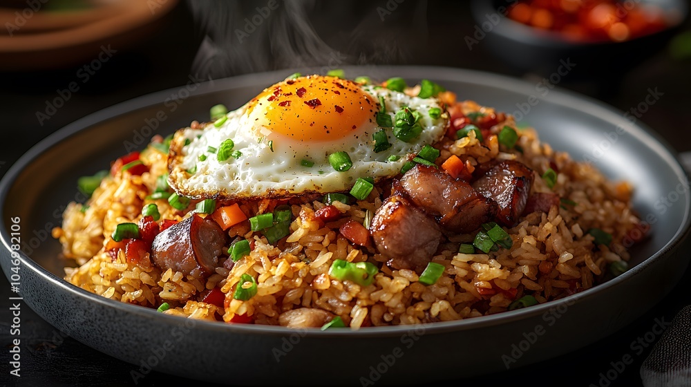 Delicious Fried Rice with Fried Egg, Bacon, and Vegetables in a Grey Bowl - Asian Cuisine Delicious Fried Rice with Fried Egg, Bacon, and Vegetables in a Grey Bowl - Asian Cuisine