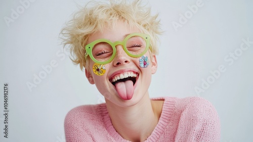 Playful portrait of blonde woman with floral stickers, pastel glasses, pink sweater, tongue out and winking with short hair. Christmas