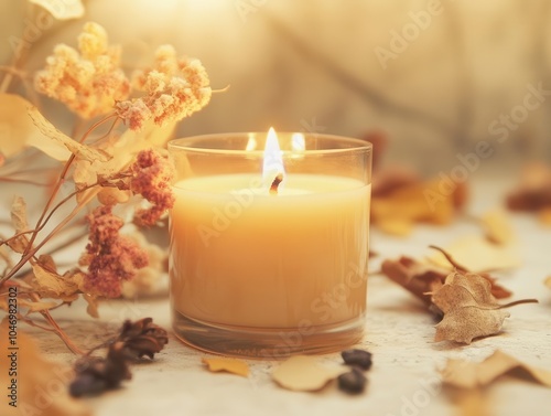 a vanilla scented candle glowing warmly on a beige background, surrounded by dried autumn leaves and flowers, evoking a cozy, inviting atmosphere perfect for relaxation