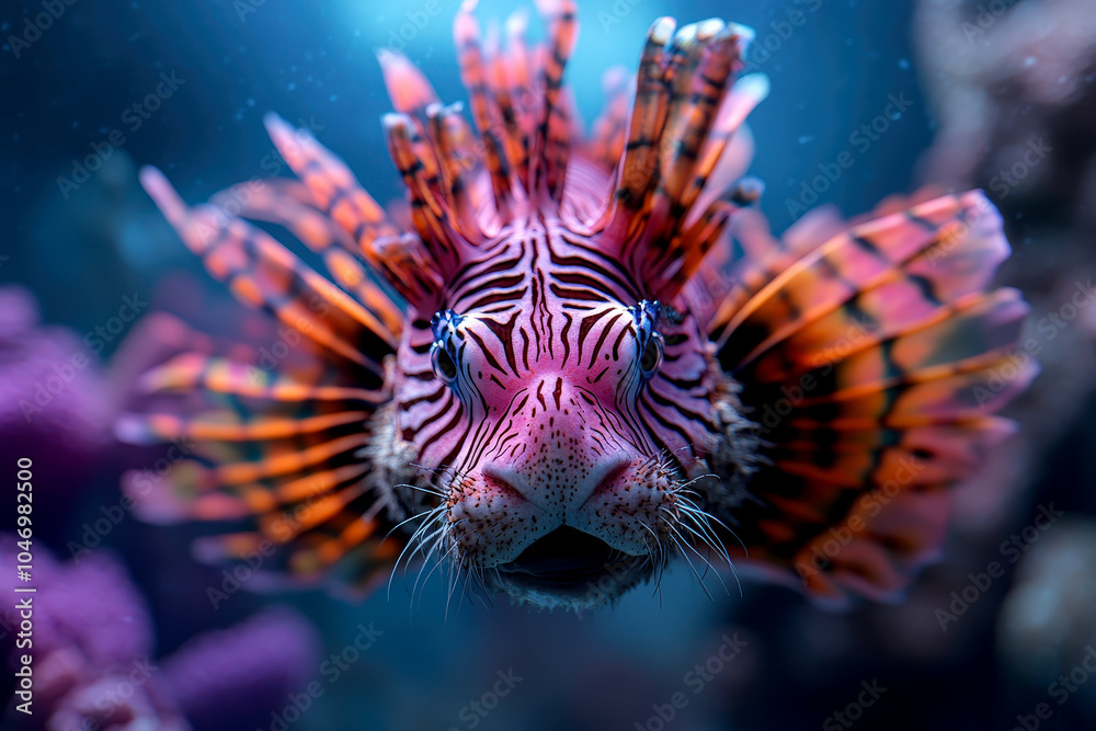 Close-up of a vibrant lionfish displaying its colorful and intricately striped fins, showcasing the exquisite detail and beauty of this marine creature.