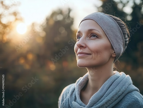 a woman with a resilient spirit is seen standing outdoors, embodying strength and determination while facing her cancer journey against a backdrop of soft light photo