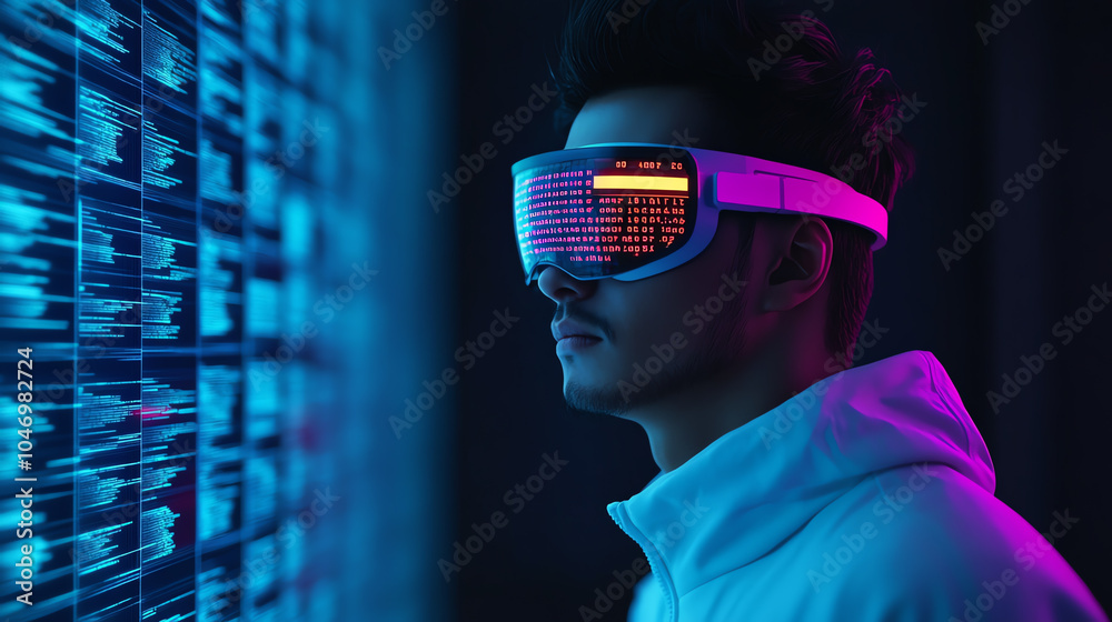 A futuristic individual wearing advanced virtual reality goggles, immersed in a vibrant digital environment with glowing data streams. A futuristic individual wearing advanced virtual reality goggles, immersed in a vibrant digital environment with glowing data streams.