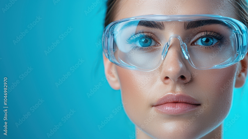 close up portrait of woman wearing clear safety glasses, showcasing her striking blue eyes and smooth skin against vibrant blue background. image conveys sense of focus and determination close up portrait of woman wearing clear safety glasses, showcasing her striking blue eyes and smooth skin against vibrant blue background. image conveys sense of focus and determination