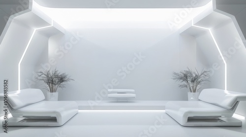 A futuristic and avant-garde living room design with a white canvas backdrop, Precision-arranged minimal furniture, Futuristic Minimalism style