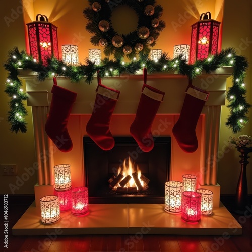 Christmas gifts tree lanterns fireplace mitten holiday