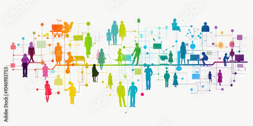 A family tree presented as an abstract arrangement of colored shapes and lines, representing individuals and their relationships, devoid of any desks or technology.