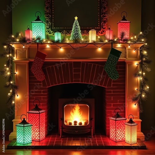 Christmas gifts tree lanterns fireplace mitten holiday