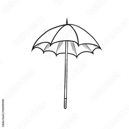 Open umbrella sketch. Vector graphic line illustration hand drawn isolated. Black and white doodle. Parasol symbol. Weather signs. Item for protection from rain. Clipart for card, print, website, logo