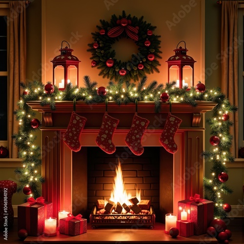 Christmas gifts tree lanterns fireplace mitten holiday