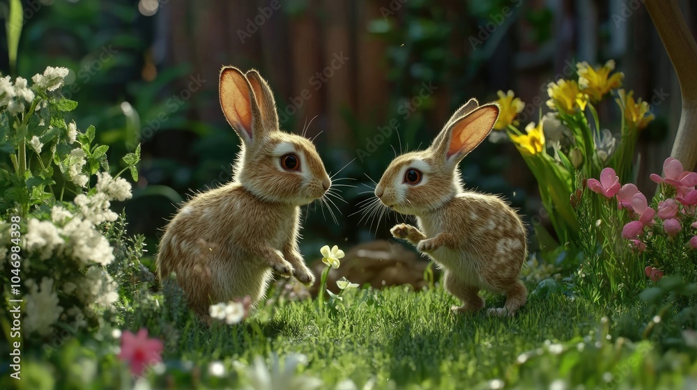 Obraz premium A pair of rabbits playfully chasing each other in a garden