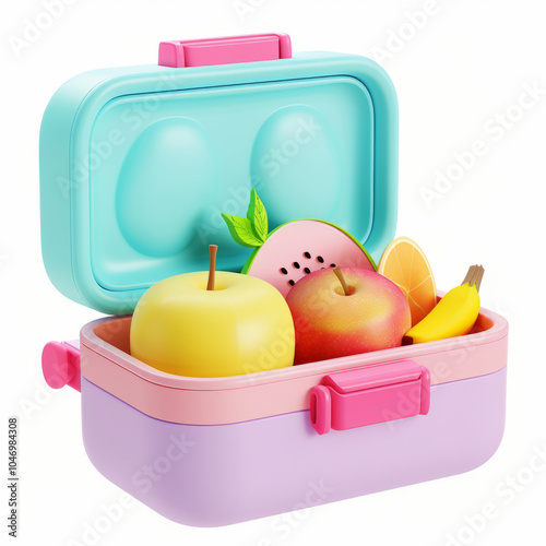 3D Icon of Open Lunch Box with Fruits White Background. App or Web Design Concept