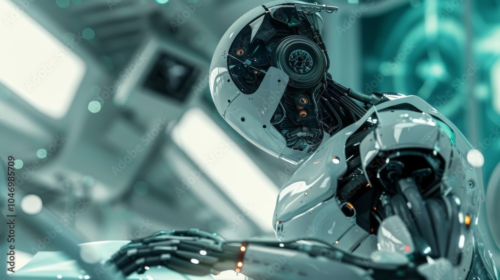 Fototapeta premium Futuristic robot analyzing data in a high-tech laboratory environment.