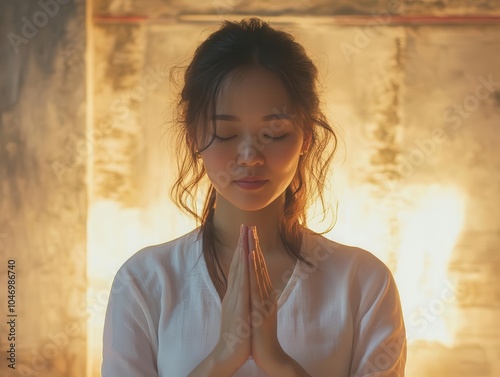 calm asian woman meditating with folded hands, eyes closed in gratitude, surrounded by soft, ethereal light that enhances the serene and spiritual atmosphere of her moment photo