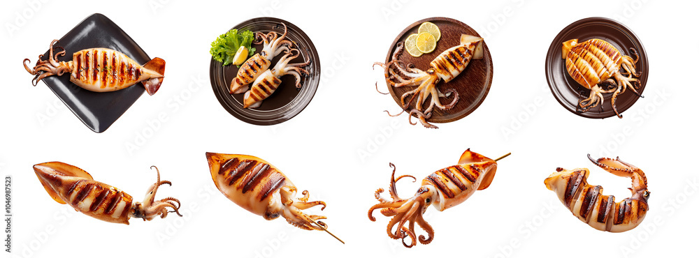 Obraz premium Grilled squid served on plates with lemon and herbs, various styles and angles, white isolated background.