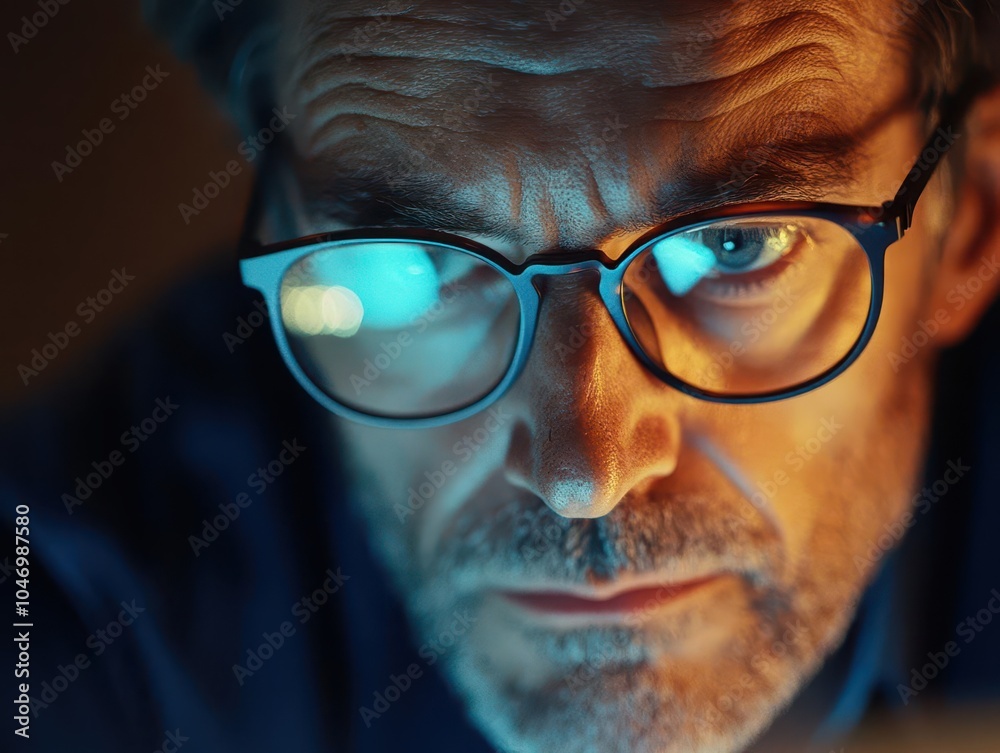 close-up of a man with glasses working late at night, illuminated by the soft glow of his computer screen. the ambient light reflects off his glasses, creating an intimate and focused scene close-up of a man with glasses working late at night, illuminated by the soft glow of his computer screen. the ambient light reflects off his glasses, creating an intimate and focused scene