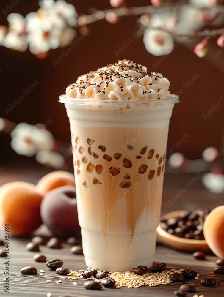 A tall, large-capacity plastic cup filled with Rice Milk Coffee. The background features Japanese white peaches, adding a soft, natural ambiance. A tall, large-capacity plastic cup filled with Rice Milk Coffee. The background features Japanese white peaches, adding a soft, natural ambiance.