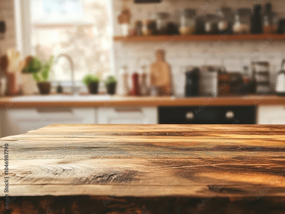close-up of a warm wooden table set against a softly blurred kitchen background, evoking a cozy atmosphere, with hints of home and culinary delights in a rustic setting