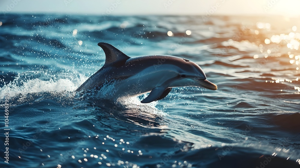 Fototapeta premium Joyful Dolphin Leaping Through Sparkling Waves in the Sunlight