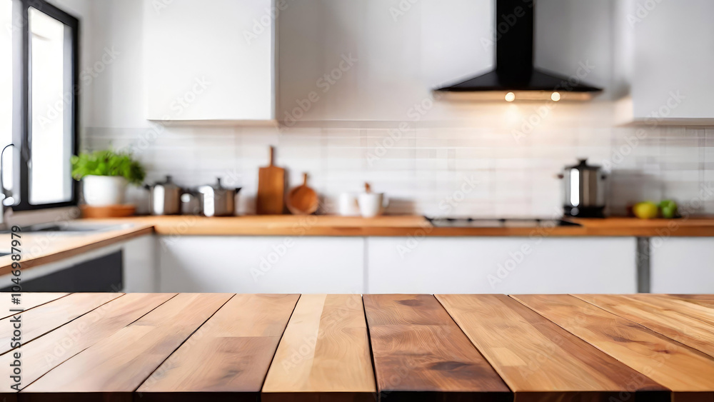 Fototapeta premium Empty wooden table top on a blurred white kitchen interior style Scandinavian background for product placement,design key visual layout or montage.