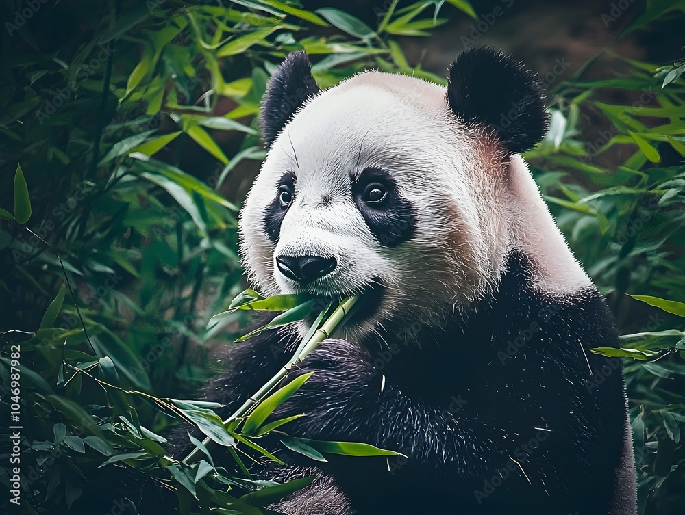 Fototapeta premium Panda Eating Bamboo in Lush Green Foliage Peaceful Wildlife Portrait