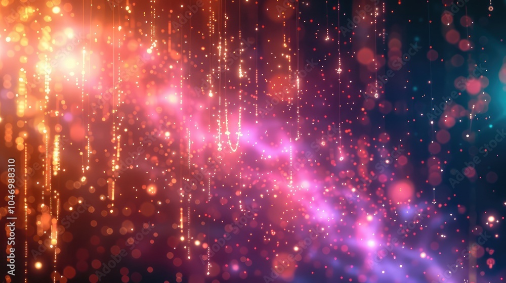 Obraz premium Abstract representation of artificial neural network, with interconnected nodes and flowing data streams in vibrant colors. Soft lighting, digital background featuring binary code and circuit pattern.