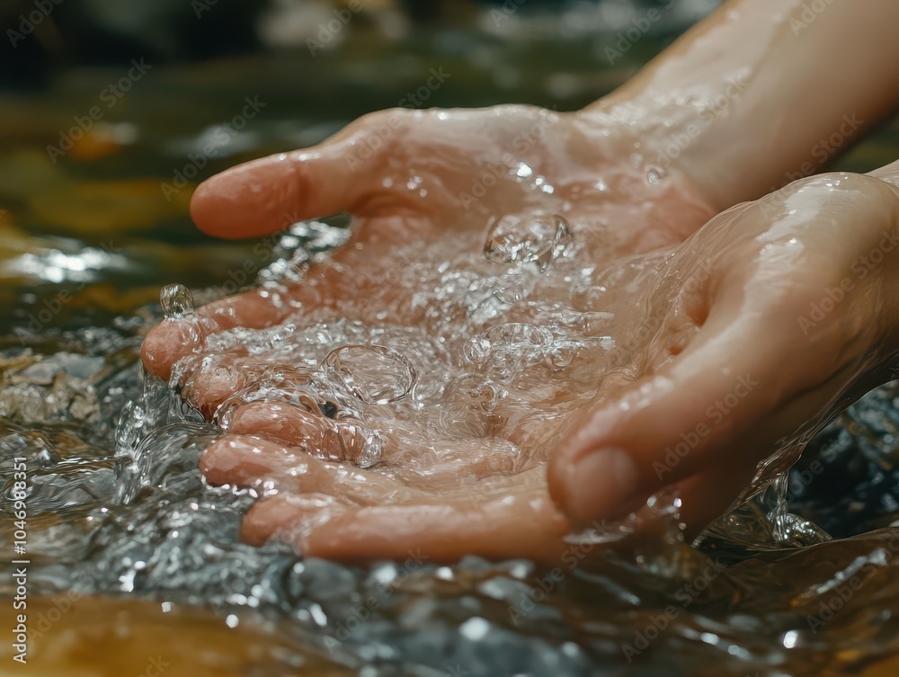 Fototapeta premium close-up of water flowing over rocks in a river, with a person cupping their hands to catch the refreshing water, encapsulating the essence of nature and pure hydration