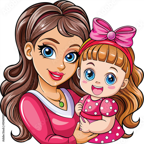 Cheerful Cartoon Mother and Baby Illustration