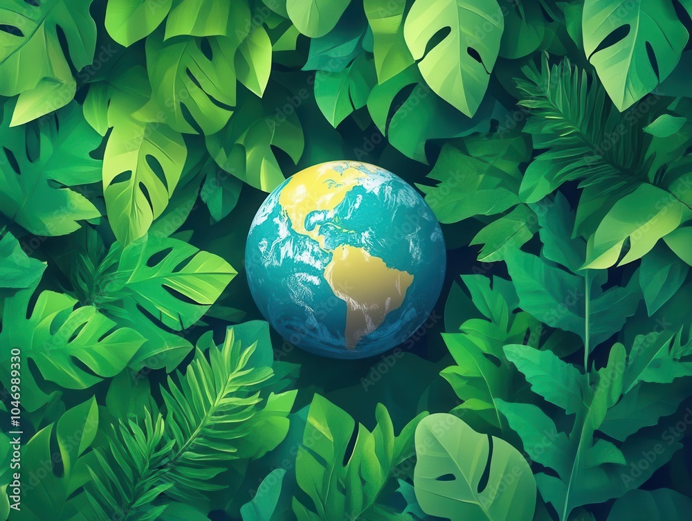 conceptual illustration for earth day showcasing a globe nestled among vibrant green leaves, symbolizing environmental care and the importance of nature conservation conceptual illustration for earth day showcasing a globe nestled among vibrant green leaves, symbolizing environmental care and the importance of nature conservation