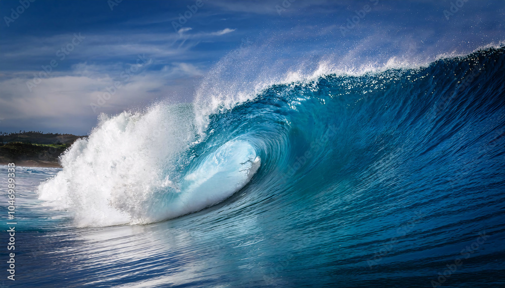 A powerful ocean wave curls majestically under a clear blue sky, capturing the raw beauty and force of nature A powerful ocean wave curls majestically under a clear blue sky, capturing the raw beauty and force of nature