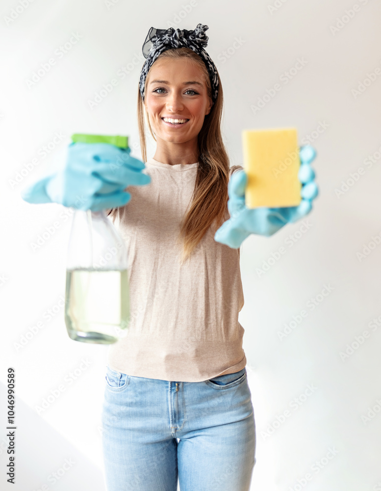 Cleaning service, product and woman with spray bottle, sponge and gloves for advertising or marketing in a bathroom, kitchen or house. Happy cleaner with success job for housekeeping liquid detergent Cleaning service, product and woman with spray bottle, sponge and gloves for advertising or marketing in a bathroom, kitchen or house. Happy cleaner with success job for housekeeping liquid detergent