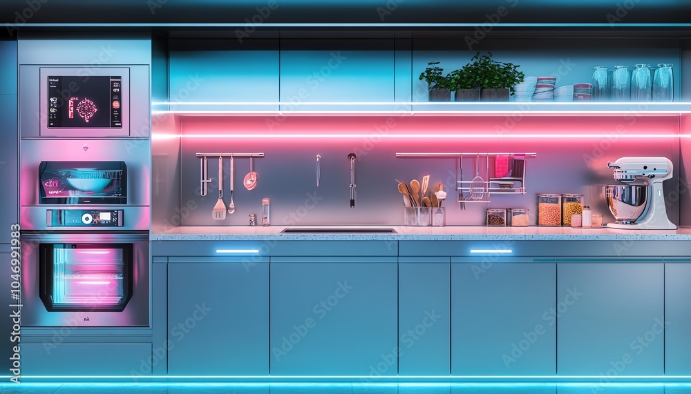 Modern kitchen interior with blue and orange neon lights. Modern kitchen interior with blue and orange neon lights.
