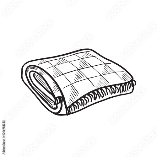 Wool blanket folded with fringe sketch. Vector graphic line illustration hand drawn isolated. Black and white doodle. Patchwork quilt, poncho. Christmas or autumn cosy warming Clipart for card, print.