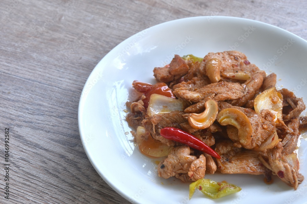 fried slice chicken meat with cashew nut and red chili on plate fried slice chicken meat with cashew nut and red chili on plate