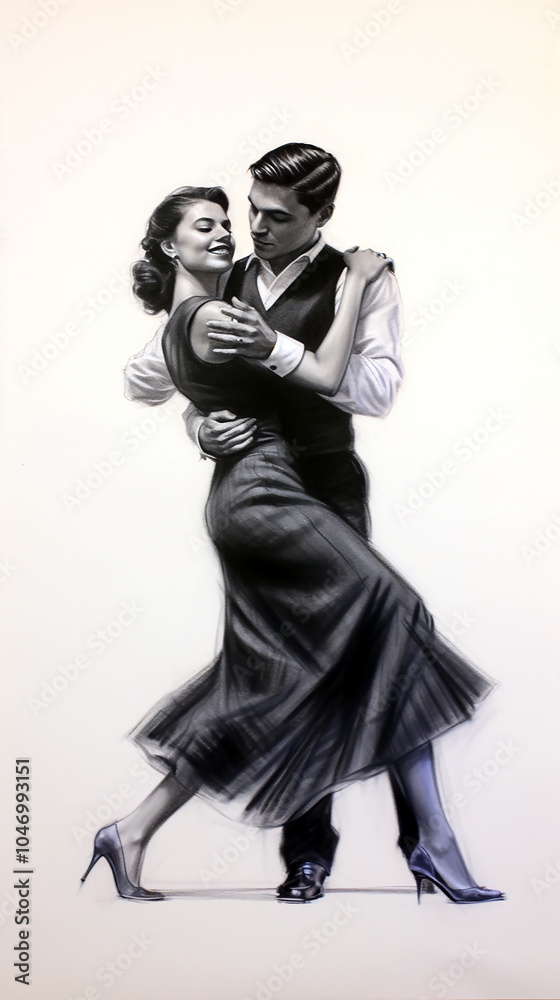 Black charcoal pencil drawing of a young active couple dancing in white background with live performance Black charcoal pencil drawing of a young active couple dancing in white background with live performance