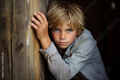 Portrait of a boy leaning against a wooden wall looking at the camera