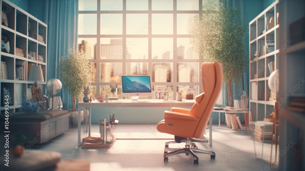Fototapeta premium Home office with large window overlooking city at dusk Blurred office workspace in the evening , interior workplace with cityscape for business presentation background