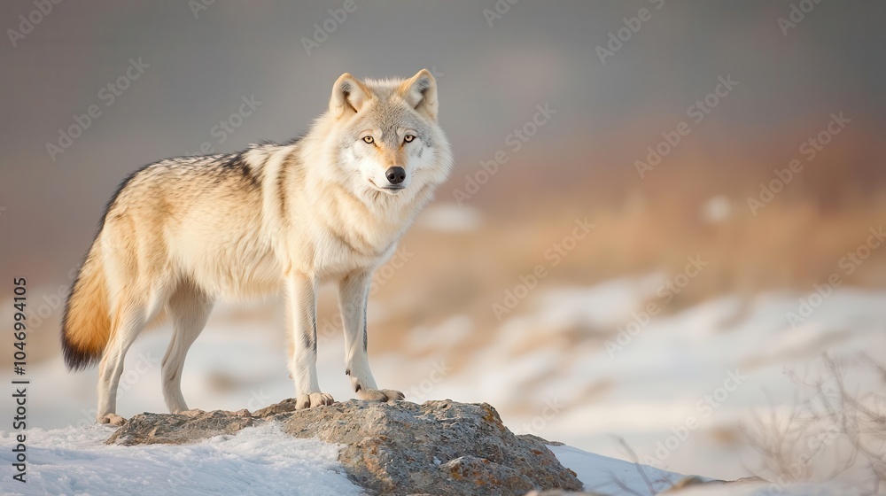 A majestic wolf stands atop a rock, surrounded by a snowy landscape, showcasing its strength and beauty in a tranquil, wintry setting. A majestic wolf stands atop a rock, surrounded by a snowy landscape, showcasing its strength and beauty in a tranquil, wintry setting.