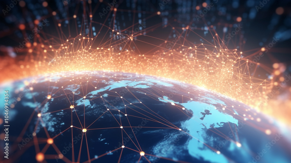 Fototapeta premium Global Network Connection Over Planet Earth, generative ai and internet background hyper realistic Exploring the web3 frontier: decentralized information and distributed social networking in the next