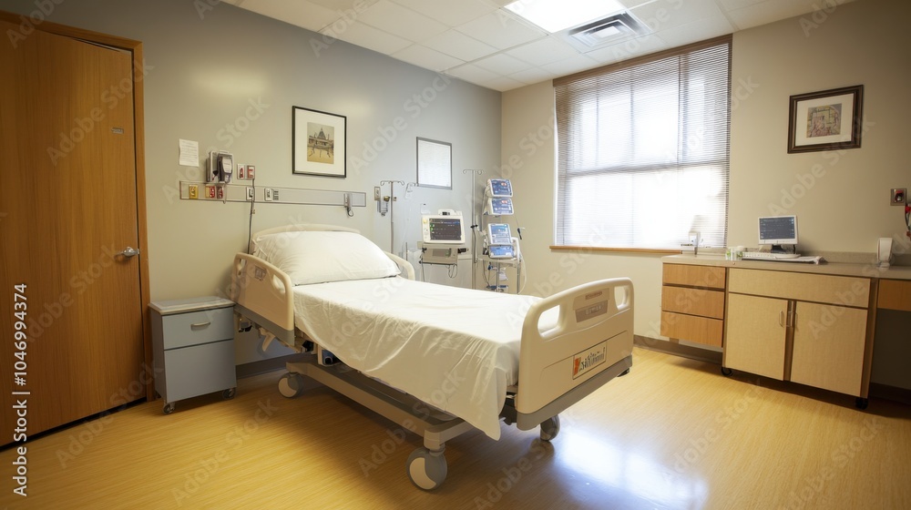 Patient room with a clean and organized layout, featuring a hospital bed, medical equipment, and soft lighting, creating a comfortable and professional stock image Patient room with a clean and organized layout, featuring a hospital bed, medical equipment, and soft lighting, creating a comfortable and professional stock image